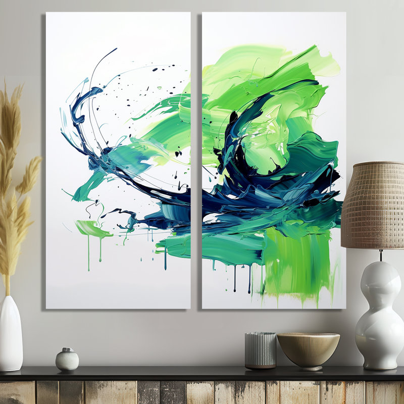 Vert et bleu surréel charme tourbillonnant II - art mural abstrait sur toile, H 20 po x l 24 po, Toile tendue