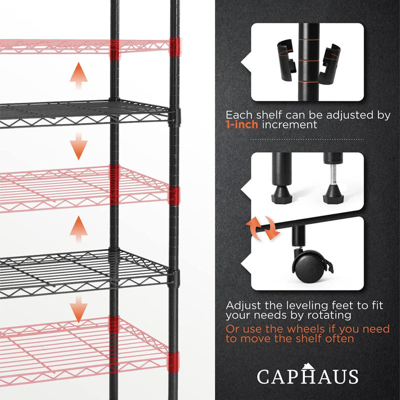 Étagère réglable à 5 niveaux avec roulettes, support en métal noir pour le garage, le garde-manger, le sous-sol et le rangement utilitaire