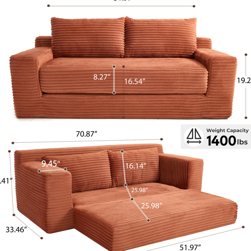 Orange à 2 places avec fonction convertible, structure en acier, mousse à mémoire de forme, revêtement en velours côtelé, sans assemblage pour chambre à coucher dans une petite structure renforcée et 1 conception, zéro