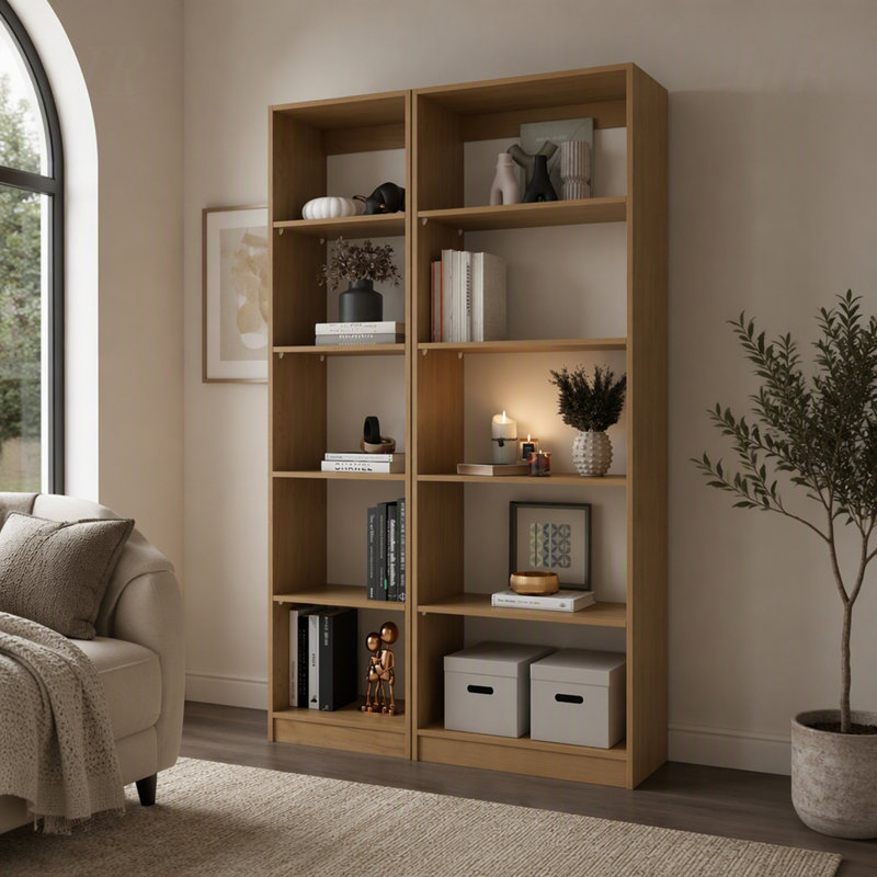Ensemble de bibliothèque en chêne naturel composé de 2 pièces avec étagères ouvertes, idéal pour des solutions de rangement modernes et efficaces à la maison.