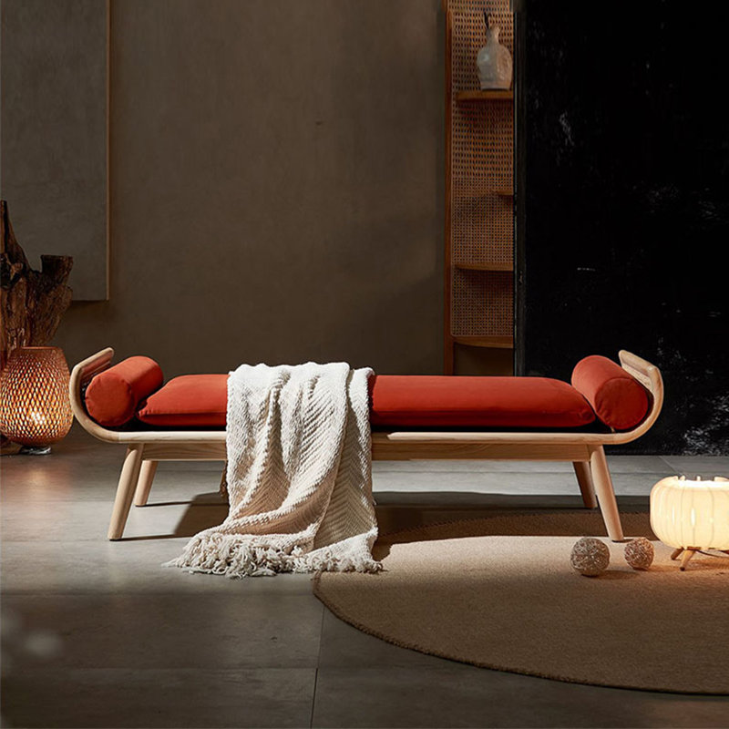 Banc revêtu de rotin en bois massif, Rouge, H 19,69 po x l 70,87 po x P 15,75 po