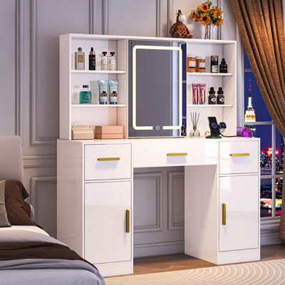 Vanity Desk With Sliding Mirror & Led Lights, 7 Open Storage Space, 3 Drawers & 2 Cabinets Large Makeup Vanity, Dressing Table With Charging Station,