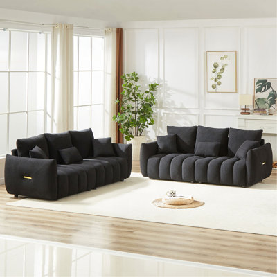 3 Seater + 3 Seater Combo Sofa Modern Living Room Sofa, Teddy Sofa, Wooden Frame, 6 Cushions, Apartment Sofa Furniture