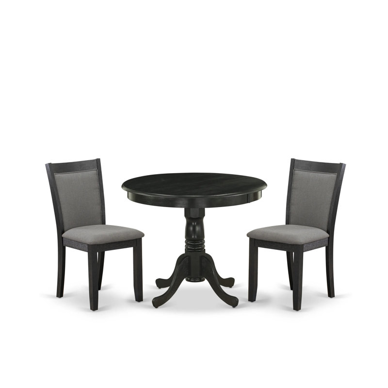 3-Piece Dinette Room Set Consists of a Wooden Dining Table and 2 Dark Gotham Grey Linen Fabric Upholstered Dining Chairs - Wire Brushed Black Finish