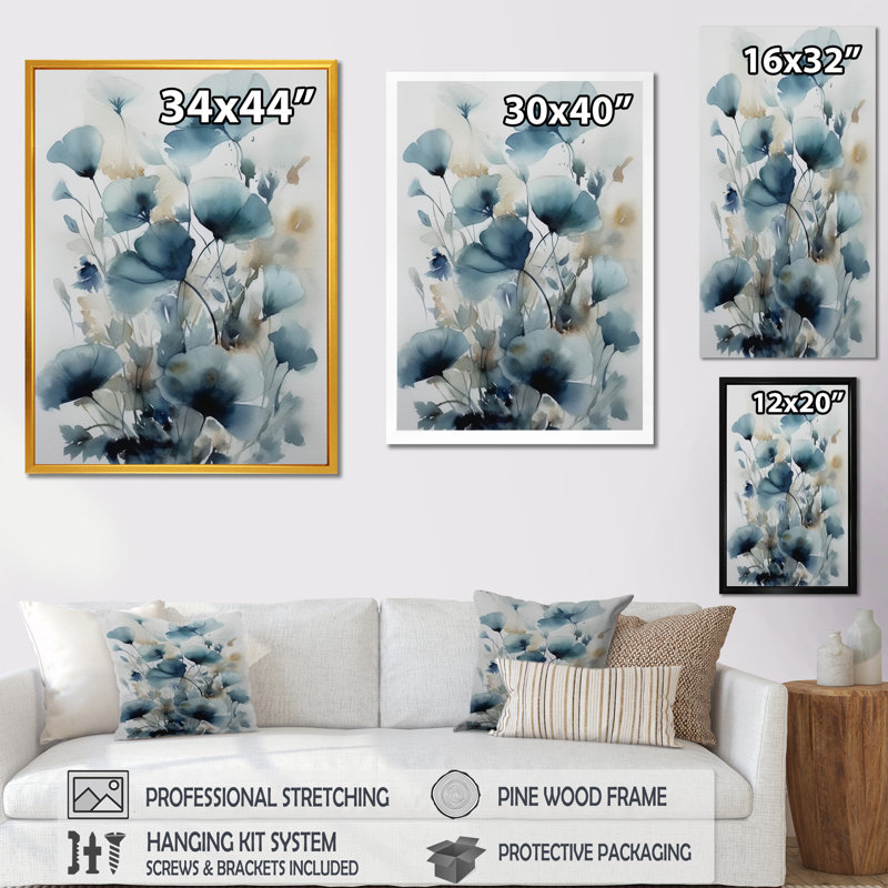 «Blue Leaf Foliage And Flowers I», reproduction sur toile, H 32 po x l 24 po x P 1 po, Cadre argenté flottant