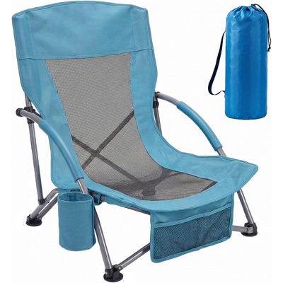 Folding Low Beach Chair for Adults – Portable Lightweight Outdoor Chair with Cup Holder, Side Pocket & Carry Bag – Extra Wide Seat for Beach, Camping, Travel