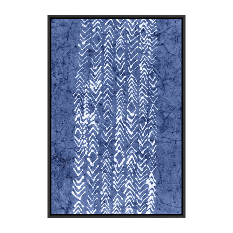 « primitive indigo patterns v » par renee stramel-impression sur image, H 60 po x l 40po x P 1,5 po, Toile avec cadre noir