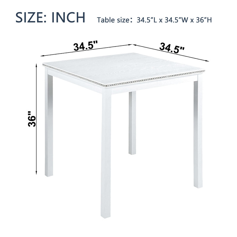 Table de salle à manger carrée blanche pour 4 personnes, hauteur du comptoir, plateau imperméable, structure et pieds en bois massif, montage facile, bords en cristal acrylique, structure lisse pour usage domestique