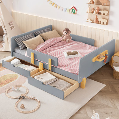 Lit plateforme avec tiroirs de rangement, structure de lit en bois massif avec garde-corps, petite tablette et crochets, aucun sommier nécessaire