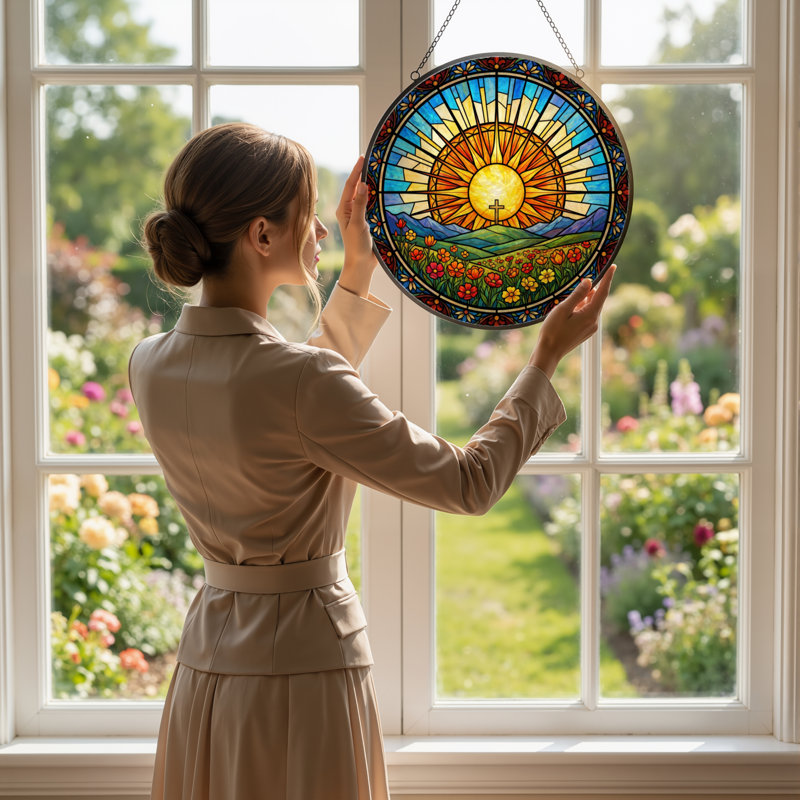 Panneau de vitrail 12 "H Sunrise Landscape, H 12 po x l 12 po