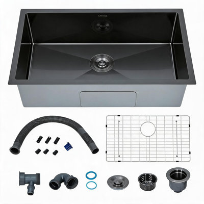 Évier de cuisine encastré sous comptoir de 76 cm (30 po), à une cuve, en acier inoxydable noir de calibre 16, 201-Noir