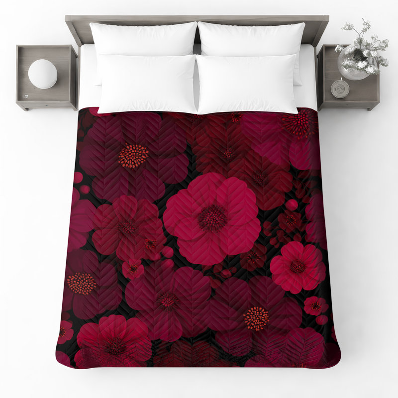Couvre-lit matelassé à motif floral rouge , Double