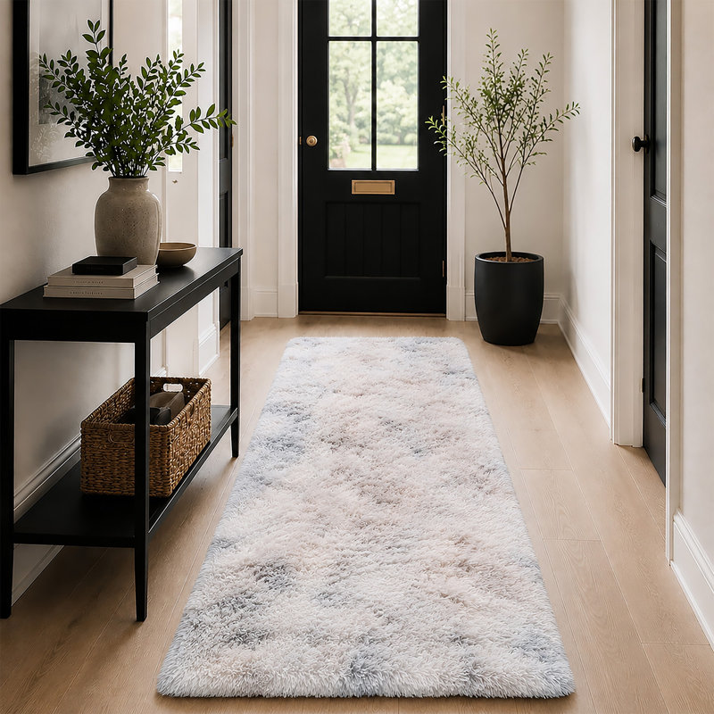 Luxury Plush Shaggy Area Rug & Runner, Soft Deep-Pile Non-Slip Living Room Carpet, Tye Dye Light Grey, Runner 80 x 300 cm