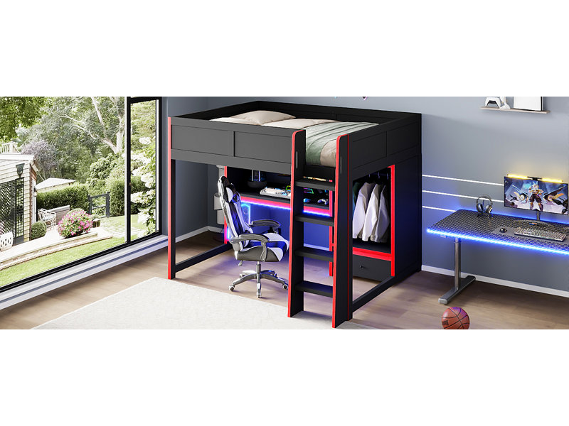 Lit mezzanine double en bois avec bureau intégré, garde-robe, DEL et tiroir, noir