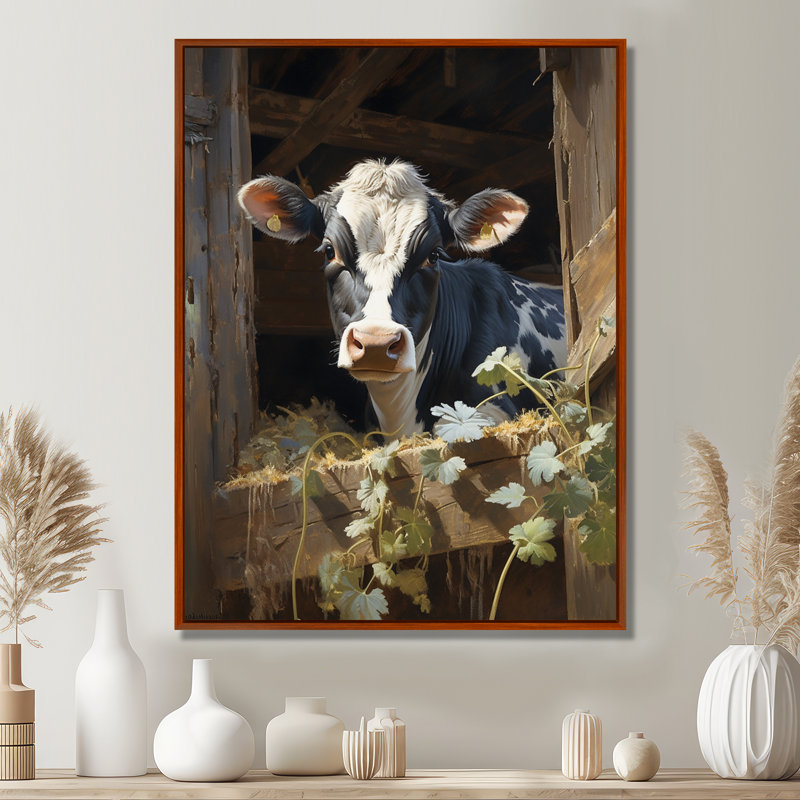 Damalis Cow Rustic Charm I - vache, art mural, H 32 po x l 16 po x P 1 po, Cadre flottant brun
