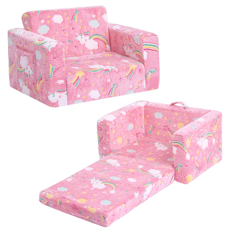 Kids Sofa, 2 In 1 Kids Fold Out Chair Convertible Sofa To Lounger, Pink Rainbow