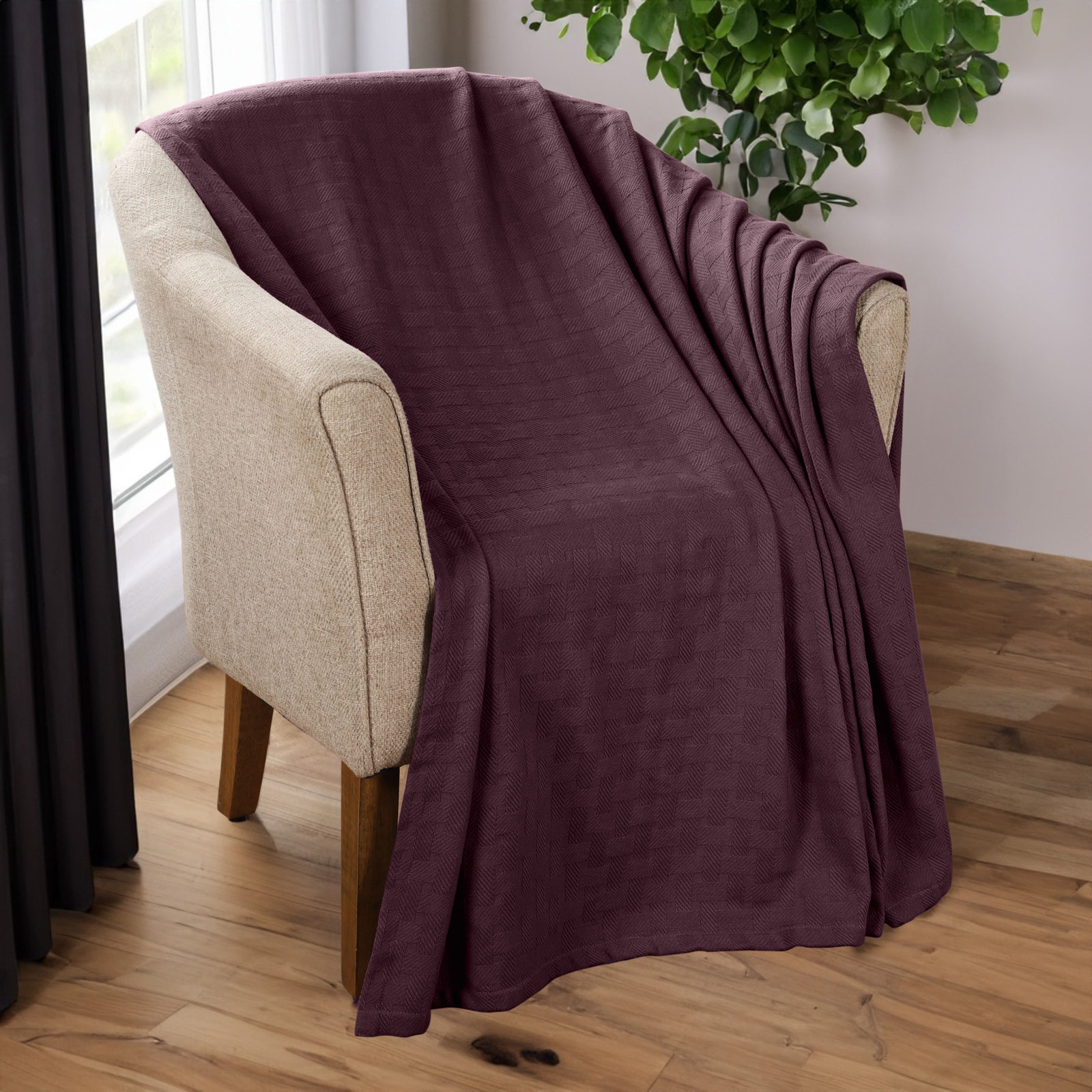 Bertie Cotton Machine Woven Throw Blanket, Plum, California King