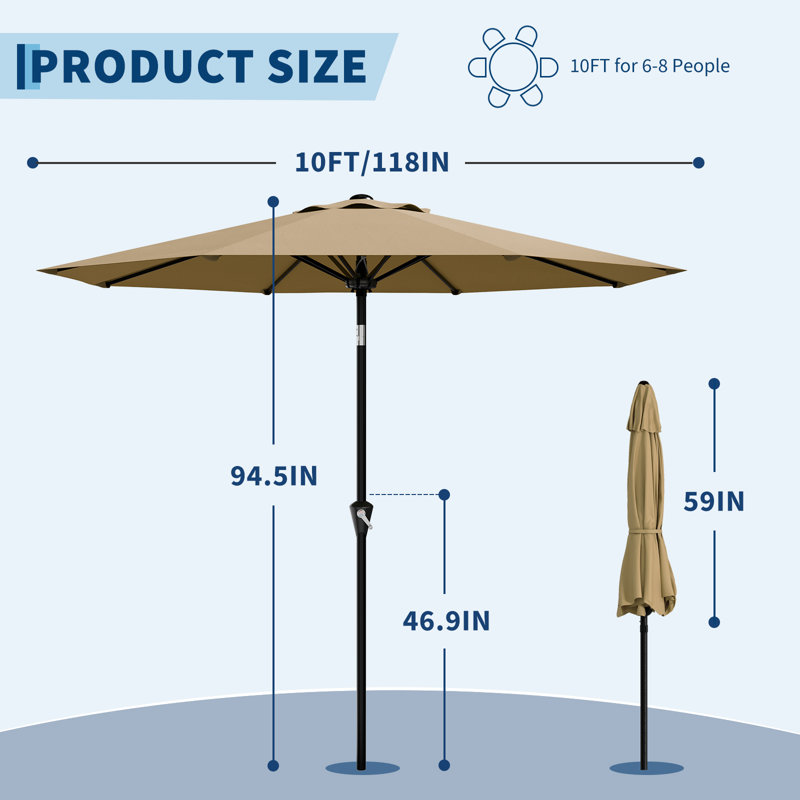 Parasol de patio 10 pi avec ventouse résistante au vent 8 UV, Brun