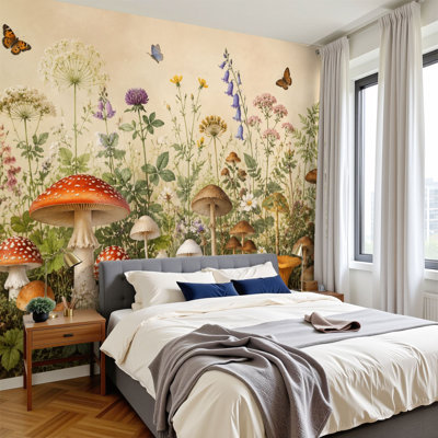 Peel and Stick Wall Mural Whimsical Wildflower Mushroom Forest Butterflies Foliage 100"H x 144"W Self Adhesive Wallpaper for Bedroom for Home Wall Decor