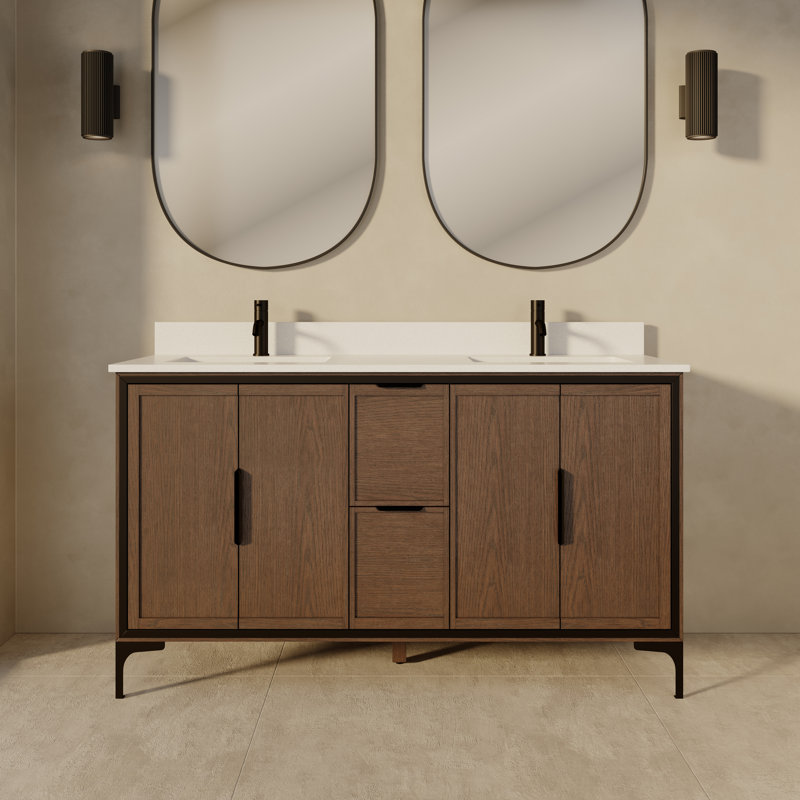 Meuble-lavabo double en bois massif Thayer l 60 po x P 22 po Thaiser, 60", Jacobin