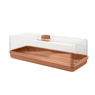  Bread & Cake Serving Tray with Clear Dome Cover | Wood Color Rectangular Display Platter | 15.35" Food Carrier Stand