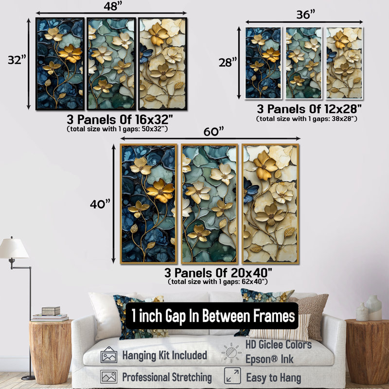 Ensemble de salon art mural bleu et bleu coquelicots Wilderness Poppies, Toile avec cadre flottant noir