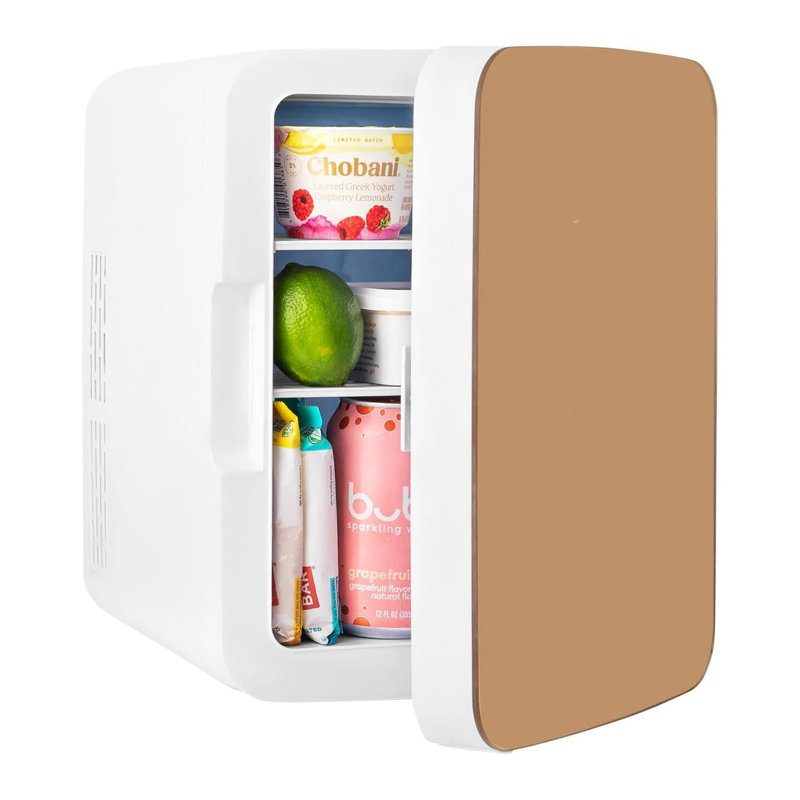 10L Mini Fridge For Bedroom, Car, Office & Dorm - Compact Thermoelectric Cooler & Warmer For Drinks, Snacks, Skincare - Quiet AC/DC Portable Refrigerator With Sleek Glass Door Design,Gold
