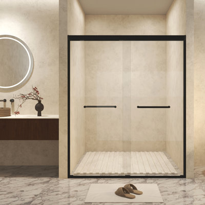 50-54" W × 72" H  Tempered Glass With Explosion Proof Film, Aluminum Frame Double Sliding Shower Door, "1/4 (6 Mm), Stainless Steel Handle, Matte Black