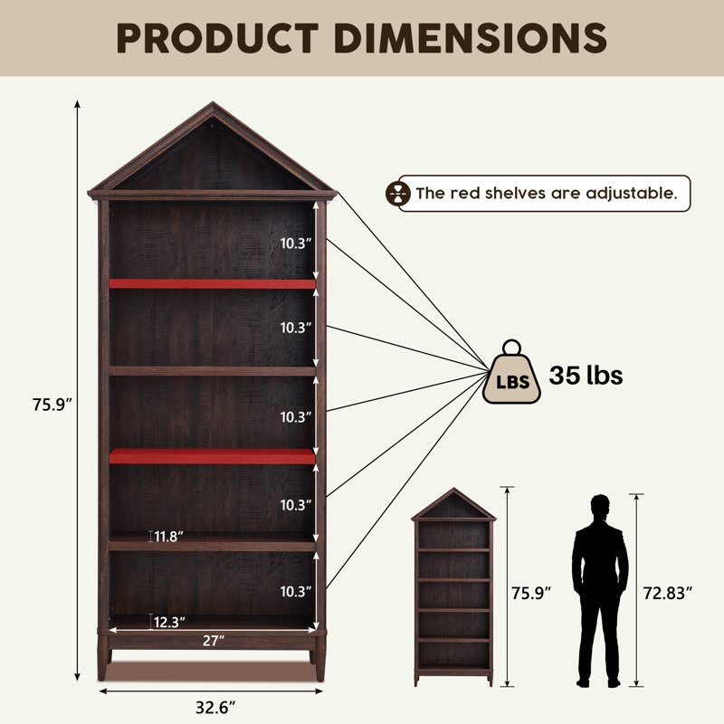 75.9" Tall Angled Arch Bathroom Cabinet, 5 Tiers Geometric Cabinet with Storage, Modern Triangular Top Angled Arch with Adjustable Shelves, Wood Cabinet w/Open Display Shelves