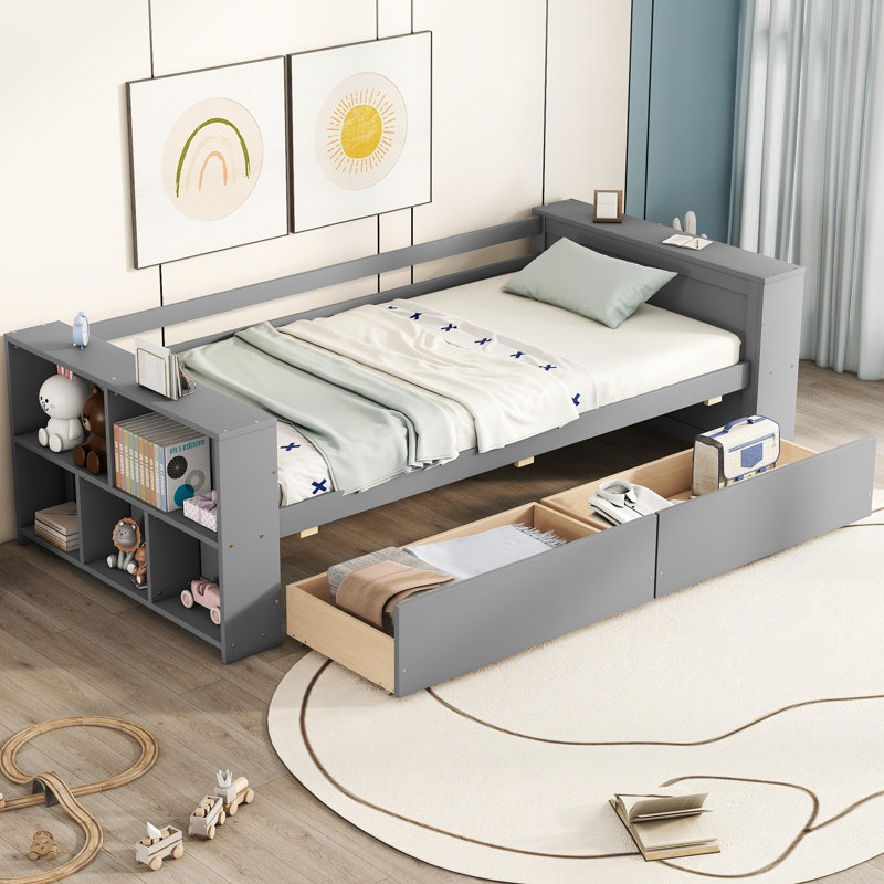 Lit de jour simple avec tablettes de rangement et 2 tiroirs, structure de canapé-lit en bois massif pour chambre à coucher, salon, gris