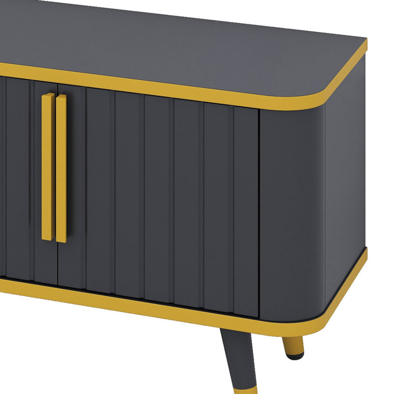 Meuble télé de luxe avec rangement ouvert, meuble audio-vidéo avec armoires et tiroirs, Or/noir