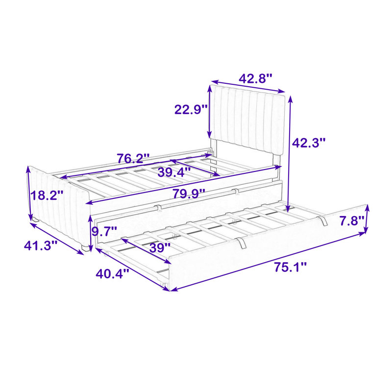 Knotts Twin Upholstered Platform Bed with Headboard and Twin Trundle, Beige