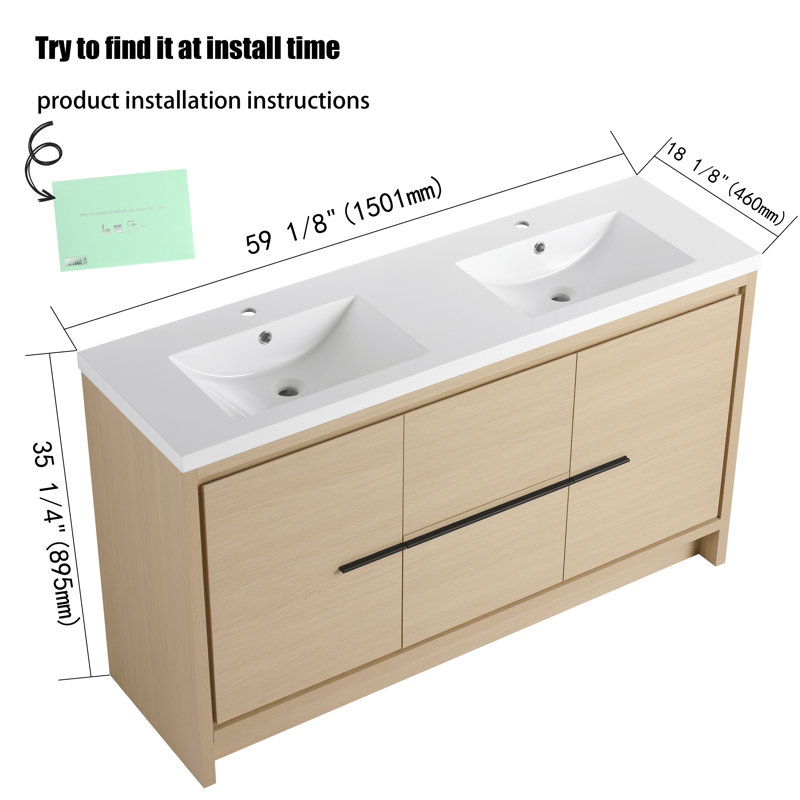 Meuble-lavabo double autoportant 60 po avec plateau en résine et portes et tiroir à fermeture en douceur 60 po