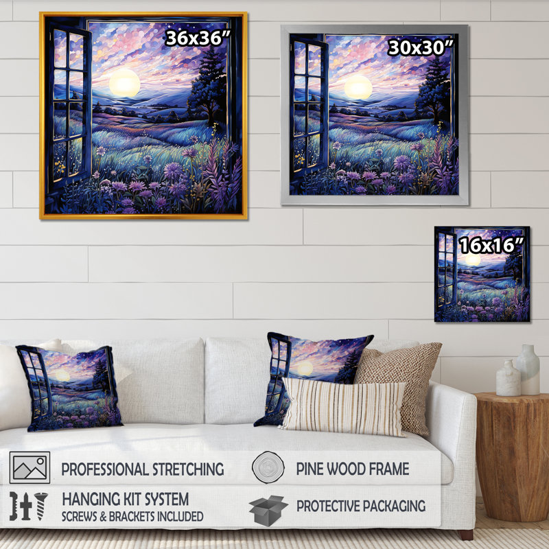 Lavande Horizon Country Side Windows IV - Farmhouse Windows, art mural, Cadre flottant noir, H 16 po x l 16 po