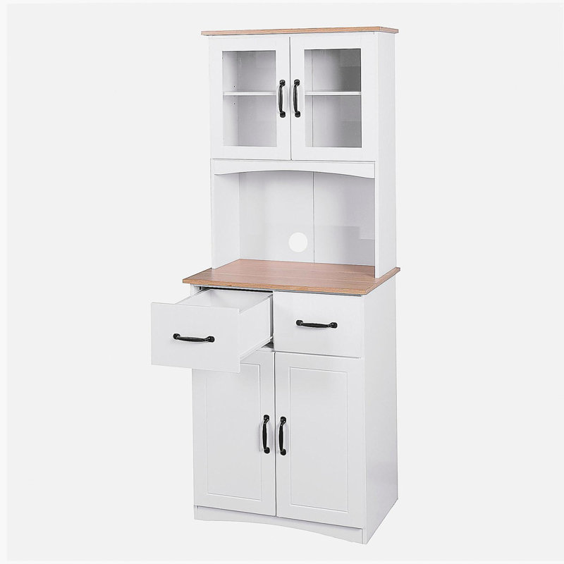 Wooden Kitchen Cabinet White Pantry Room Storage Microwave Cabinet with Framed Glass Doors and Drawer
