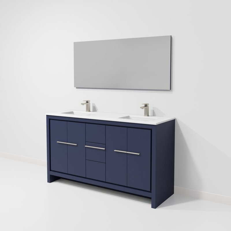 Ensemble de meuble-lavabo double bleu marine l 60 po x P 20 po, plateau en quartz blanc, robinet en métal et miroir 55 po