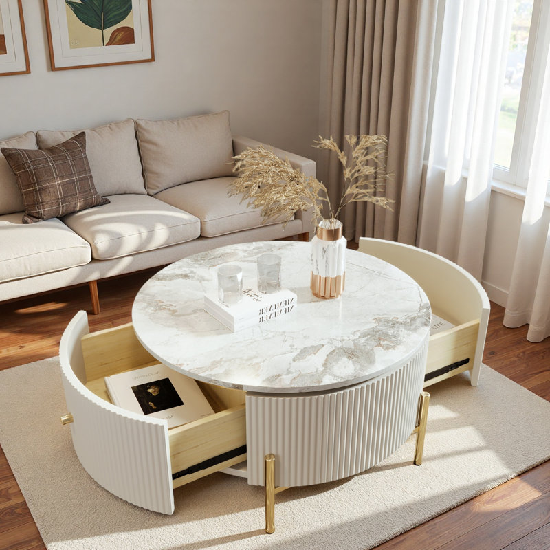 Modern Round Coffee Table With 2 Large Drawers