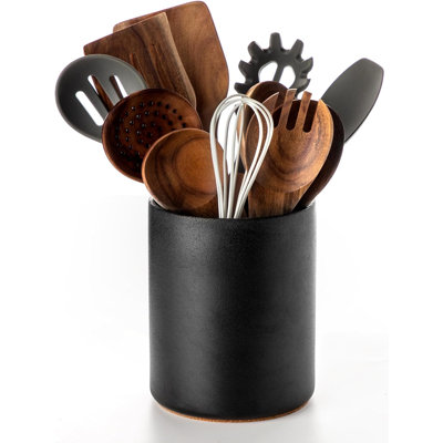 Utensil Holder, 6.4" Ceramic Kitchen Utensil Holder For Countertop With Protection Cork Bottom, Vintage Farmhouse Kitchen Decor For Counter, Gift (Sand)