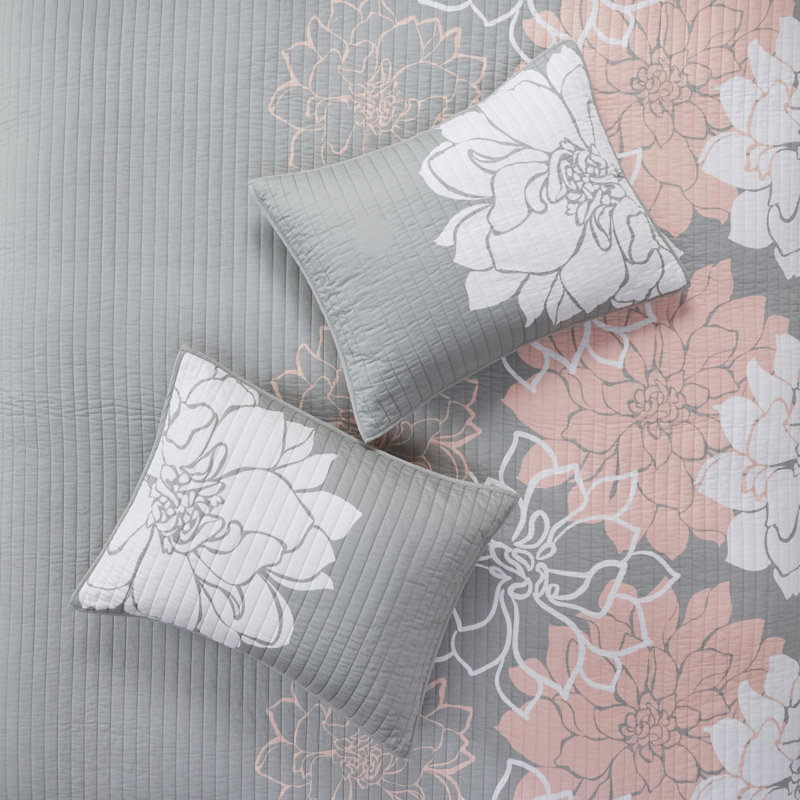 Ensemble de literie réversible à motif floral, mélange de coton, gris et pêche, double / grand
