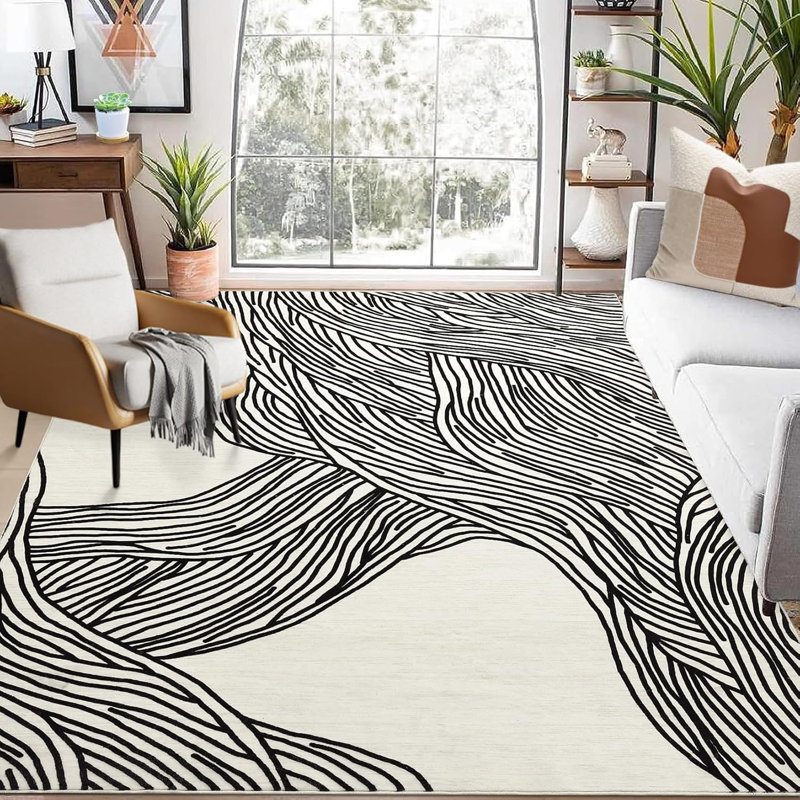  Plush Hallway Runner Rug – 350gsm Faux Lamb Wool, Machine Washable, Non-Slip, Modern Swimming Pattern for Entryway, Kitchen (Black & White)