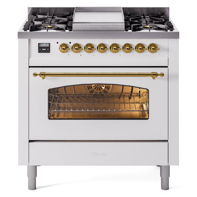 Cuisinière à double combustible 36 pouces avec 6 brûleurs, plaque chauffante (porte vitrée) ILVE Nostalgie II Series