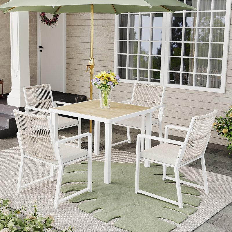 3FT Aluminum Patio Dining Table for 4, Waterproof All-Season Outdoor Table, Wood-Look E-Coated, White, White/Natural