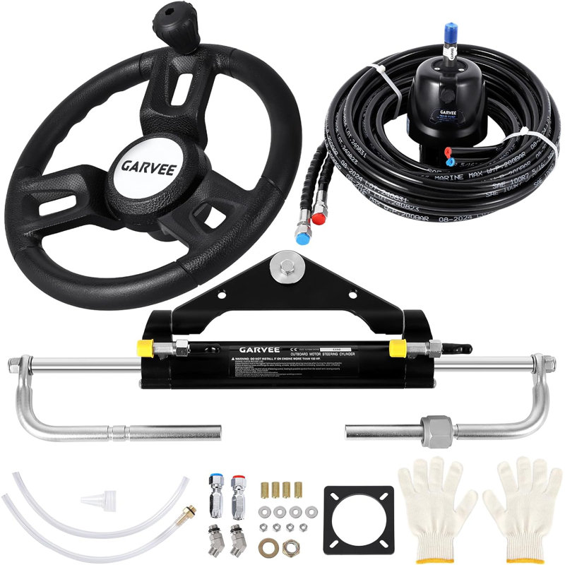 150HP Hydraulic Outboard Steering Kit, Marine System with 26FT Hoses & Aluminium Wheel