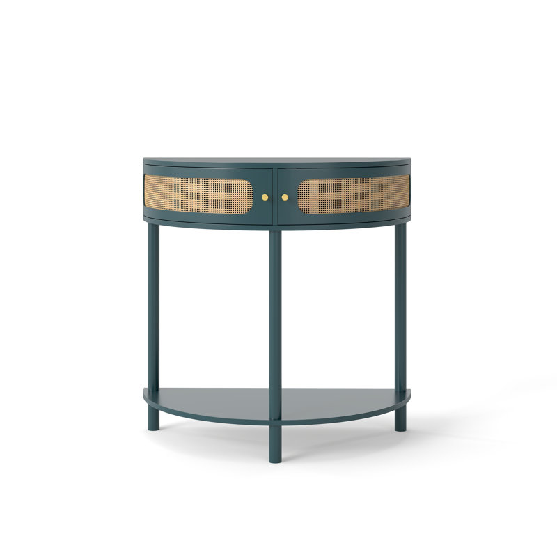 Unique Half Moon Design End Table With Sliding Rattan Door,Elegant Semi-Circle Entryway Console Table With 2 Rattan Storage Cabinet And Bottom Shelf For Living Room, Bedroom, Study, Hallway