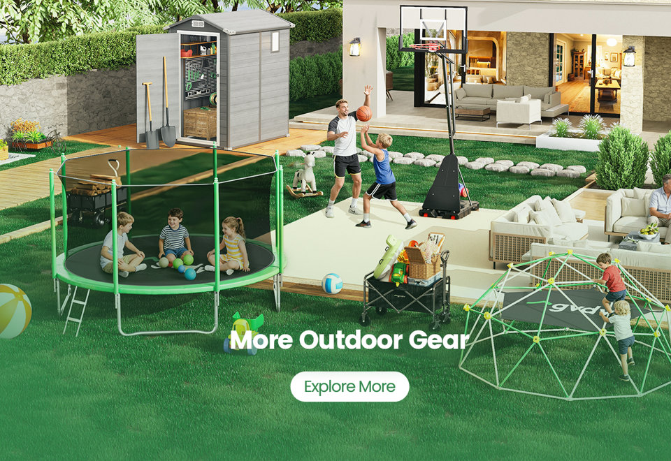 Family playing in a backyard with a trampoline, basketball hoop, and climbing dome, with the text More Outdoor Gear and Explore More.