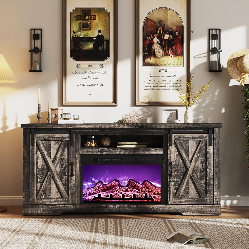 Meuble télé avec foyer en bois manufacturé 63 po Chiara, Chêne rustique foncé