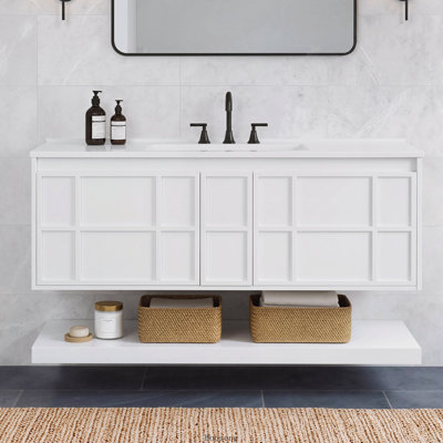 Base de meuble-lavabo flottant mural 48 po seulement, armoire en panneau de fibres à densité moyenne avec 2 grands tiroirs et tablette inférieure ouverte, conception sans poignée, blanc