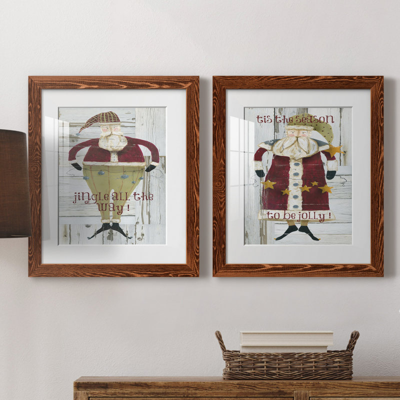 Jingle Santa - ensemble de 2 reproductions, Papier avec cadre érable, Blanc, H 24 po x l 36 po x P 1,5 po