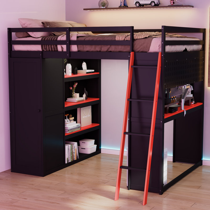 Full Size Wood Loft Bed with Wardrobe, Shelves, Blackout Curtains & RGB Lights – Black+Red, Black/Red