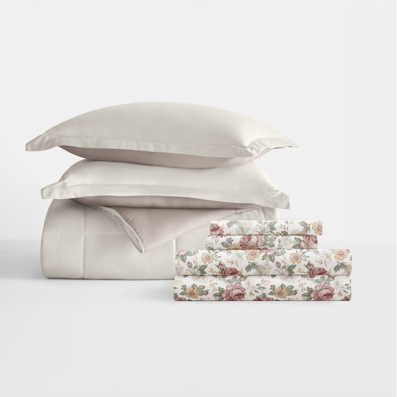 7-Piece Reversible Bedding Bundle - Solid Comforter and Patterned Sheet Set, Beige Floral